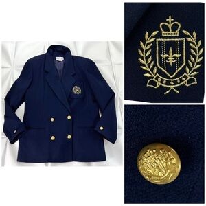 Joan Leslie Womens Sz 12 Navy Blue Gold Crest WOOL Double Breasted Blazer Jacket